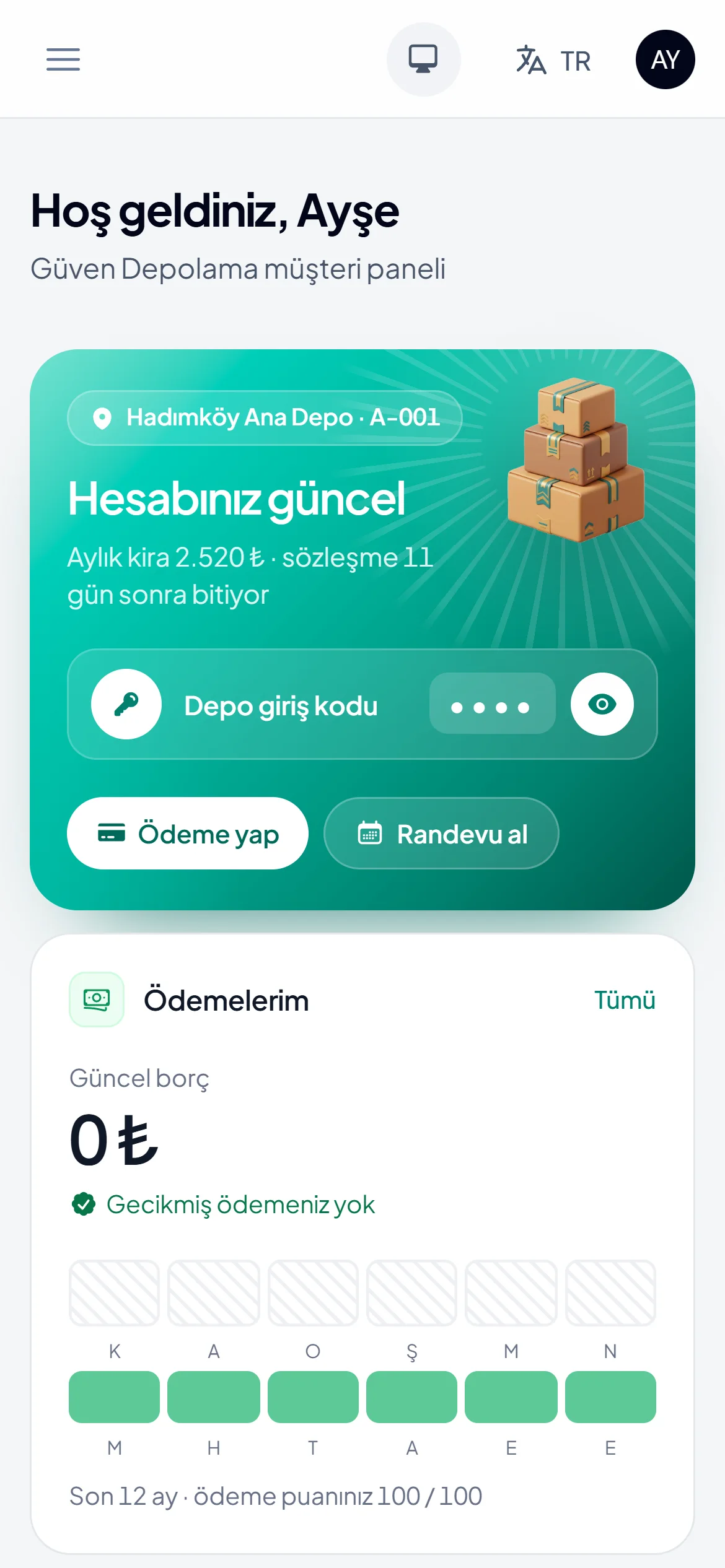 Müşteri paneli telefonda: hesap durumu, depo giriş kodu, ödeme